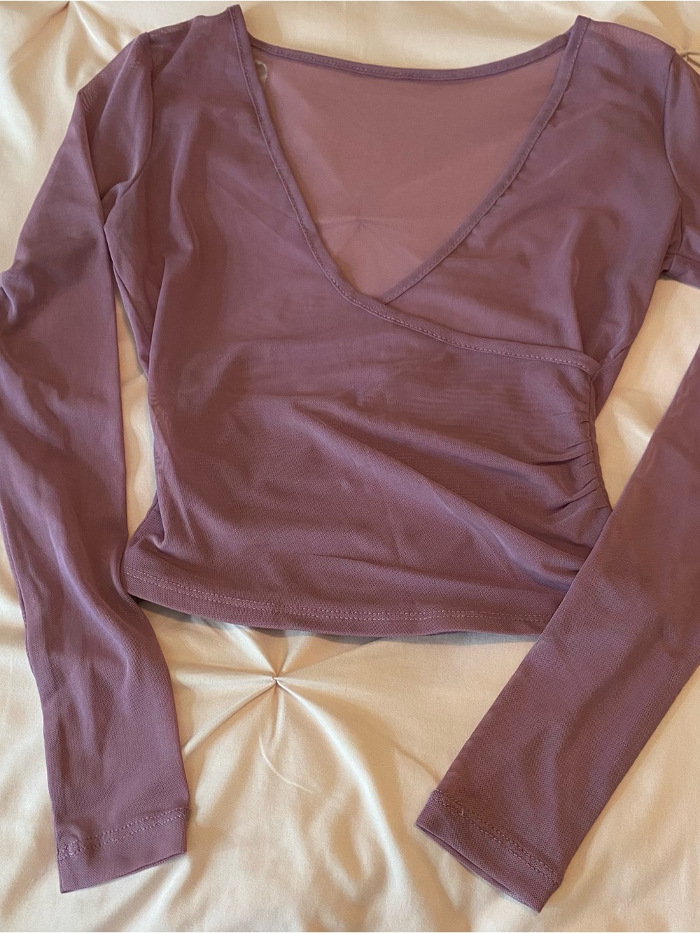 Long Sleeve V-Neck mesh Wrap Crop Top - Mauve